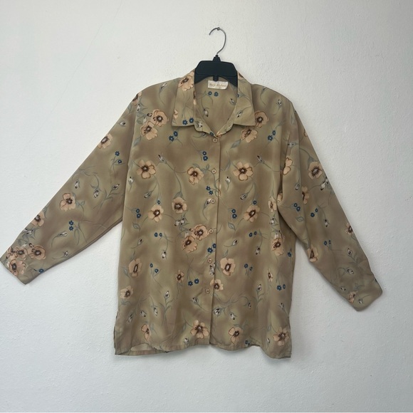 Naji Ahdoot Women Top Light Olive Floral Button-Up Blouse Long Sleeve Size XL - Picture 4 of 14
